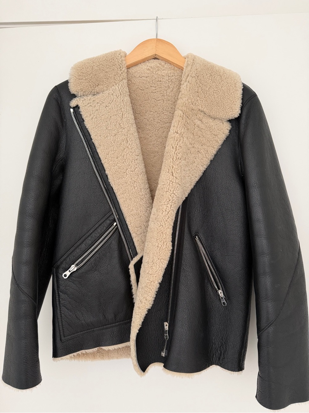 Sandro Black Leather Biker Jacket with sheep Shearling